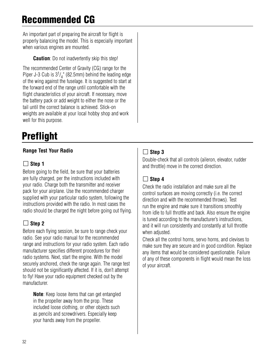 Recommended cg, Preflight, Recommended cg preflight | Hangar 9 Piper J-3 Cub 40 ARF User Manual | Page 32 / 36