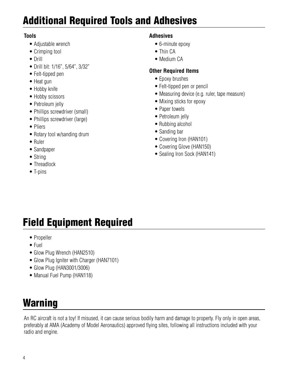 Additional required tools and adhesives, Field equipment required, Warning | Using the manual | Hangar 9 Piper J-3 Cub 40 ARF User Manual | Page 4 / 36