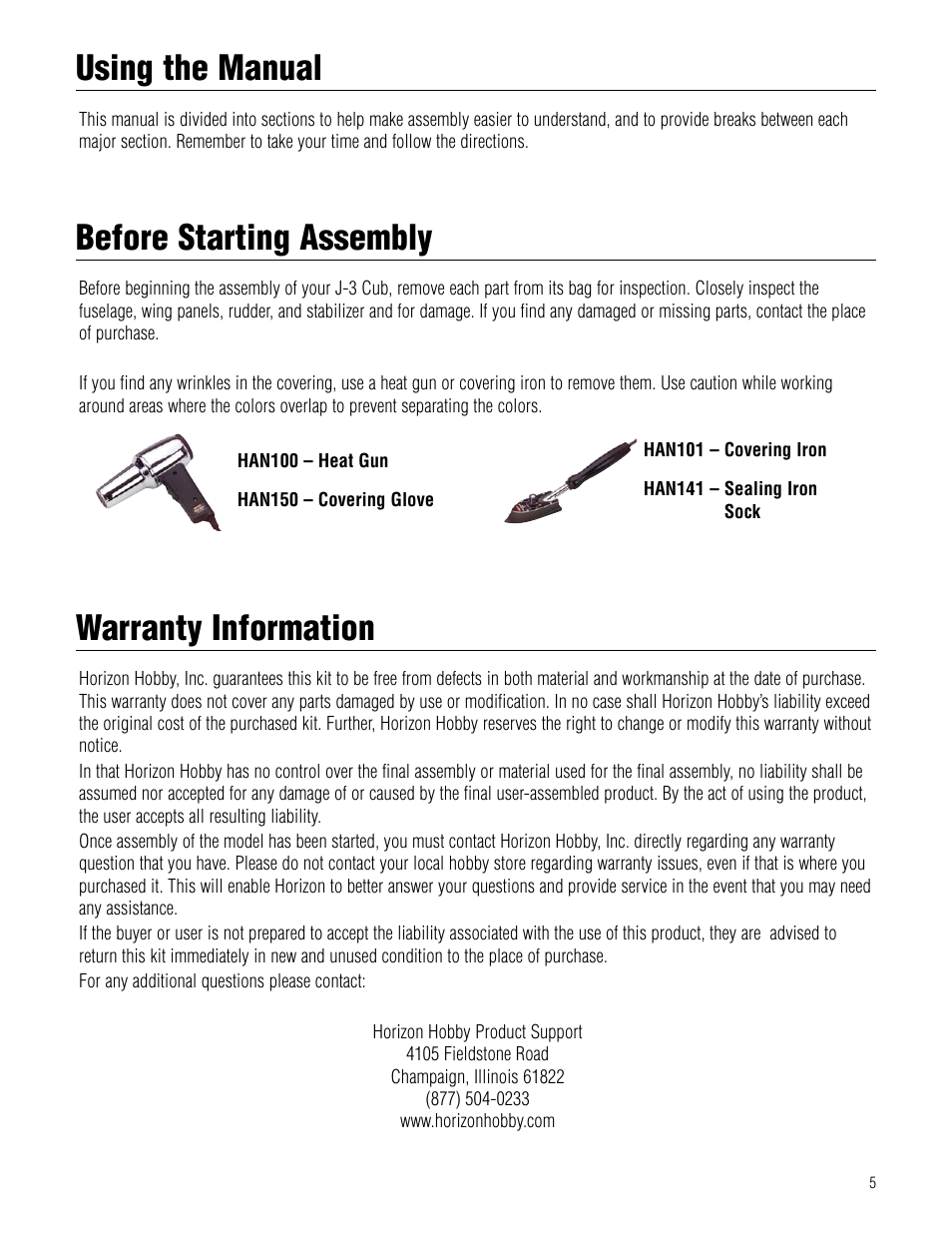 Before starting assembly, Warranty information, Before starting assembly warranty information | Hangar 9 Piper J-3 Cub 40 ARF User Manual | Page 5 / 36