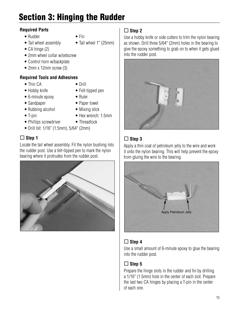 Section 3: hinging the rudder, Section.3:.hinging.the.rudder | Hangar 9 Pulse XT 40 ARF User Manual | Page 15 / 40