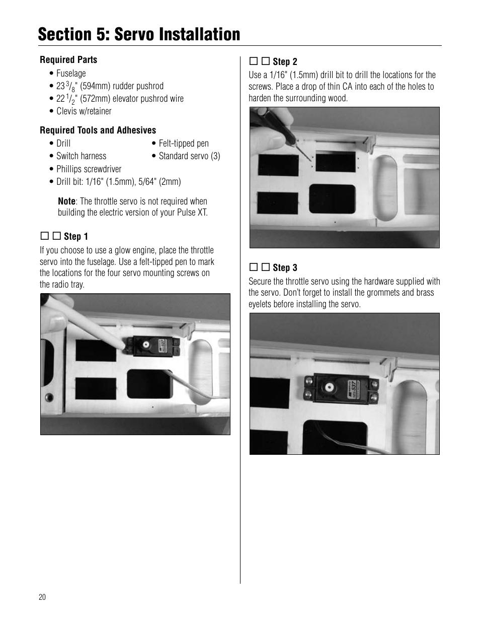 Section 5: servo installation, Section.5:.servo.installation | Hangar 9 Pulse XT 40 ARF User Manual | Page 20 / 40