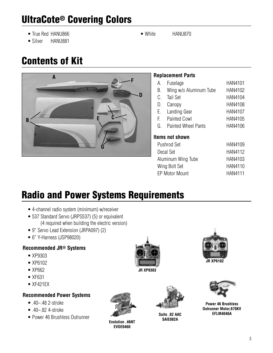 Ultracote® covering colors, Radio and power systems requirements, Contents of kit | Ultracote, Covering colors | Hangar 9 Pulse XT 40 ARF User Manual | Page 3 / 40