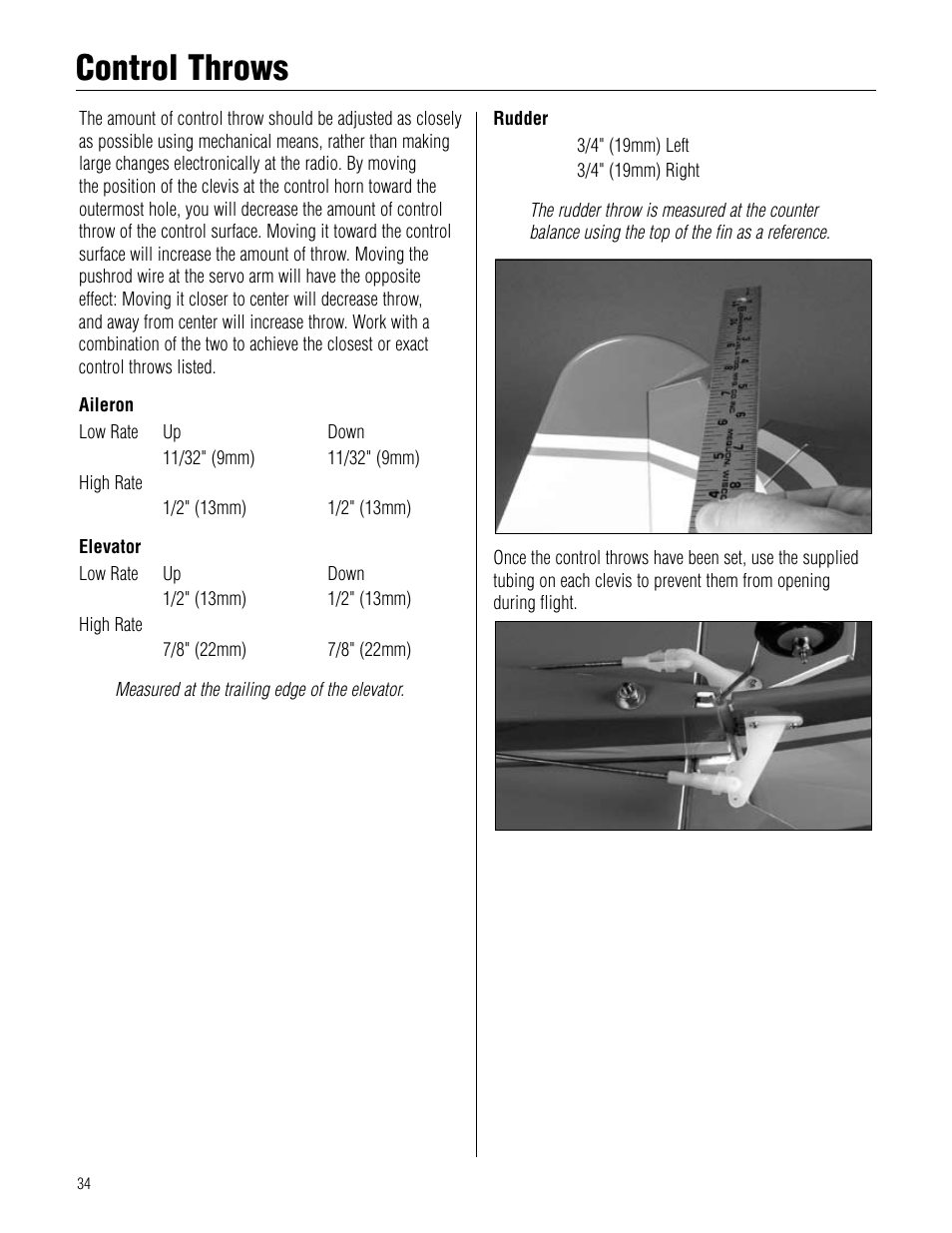 Control throws, Control.throws | Hangar 9 Pulse XT 40 ARF User Manual | Page 34 / 40