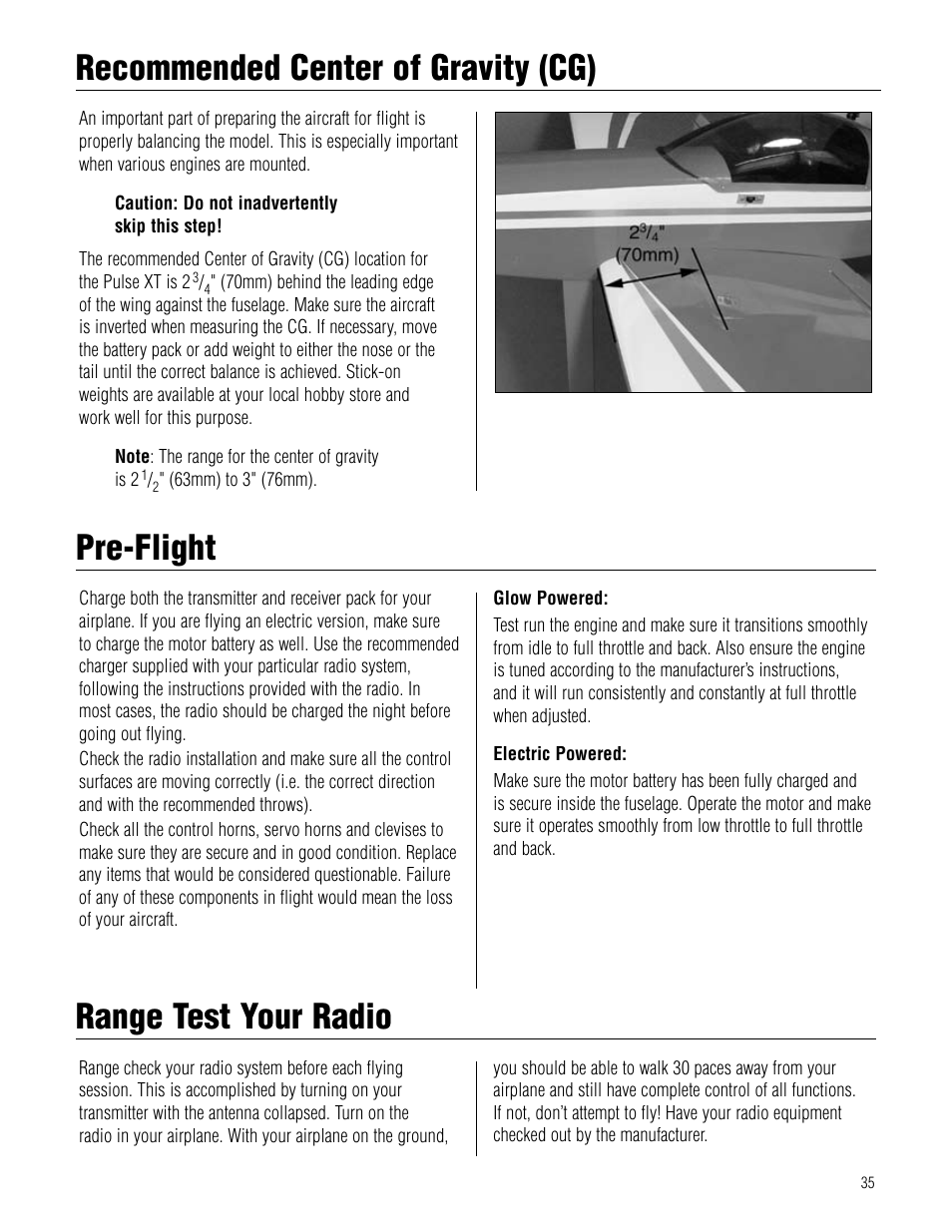 Recommended center of gravity (cg), Pre-flight, Range test your radio | Pre-flight range test your radio | Hangar 9 Pulse XT 40 ARF User Manual | Page 35 / 40