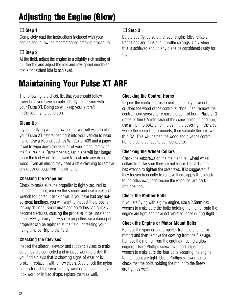 Adjusting the engine (glow), Maintaining your pulse xt arf | Hangar 9 Pulse XT 40 ARF User Manual | Page 36 / 40