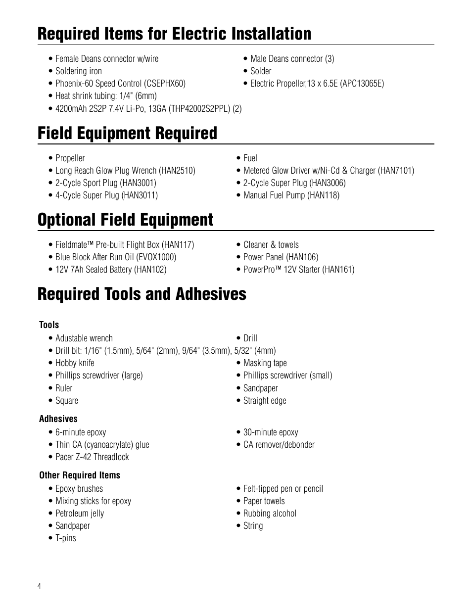 Required items for electric installation, Field equipment required, Optional field equipment | Required tools and adhesives | Hangar 9 Pulse XT 40 ARF User Manual | Page 4 / 40