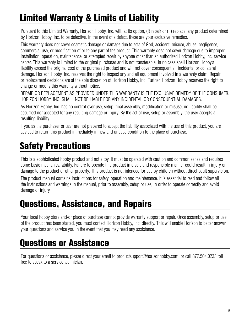 Limited warranty & limits of liability, Safety precautions, Questions, assistance, and repairs | Questions or assistance | Hangar 9 Pulse XT 40 ARF User Manual | Page 5 / 40