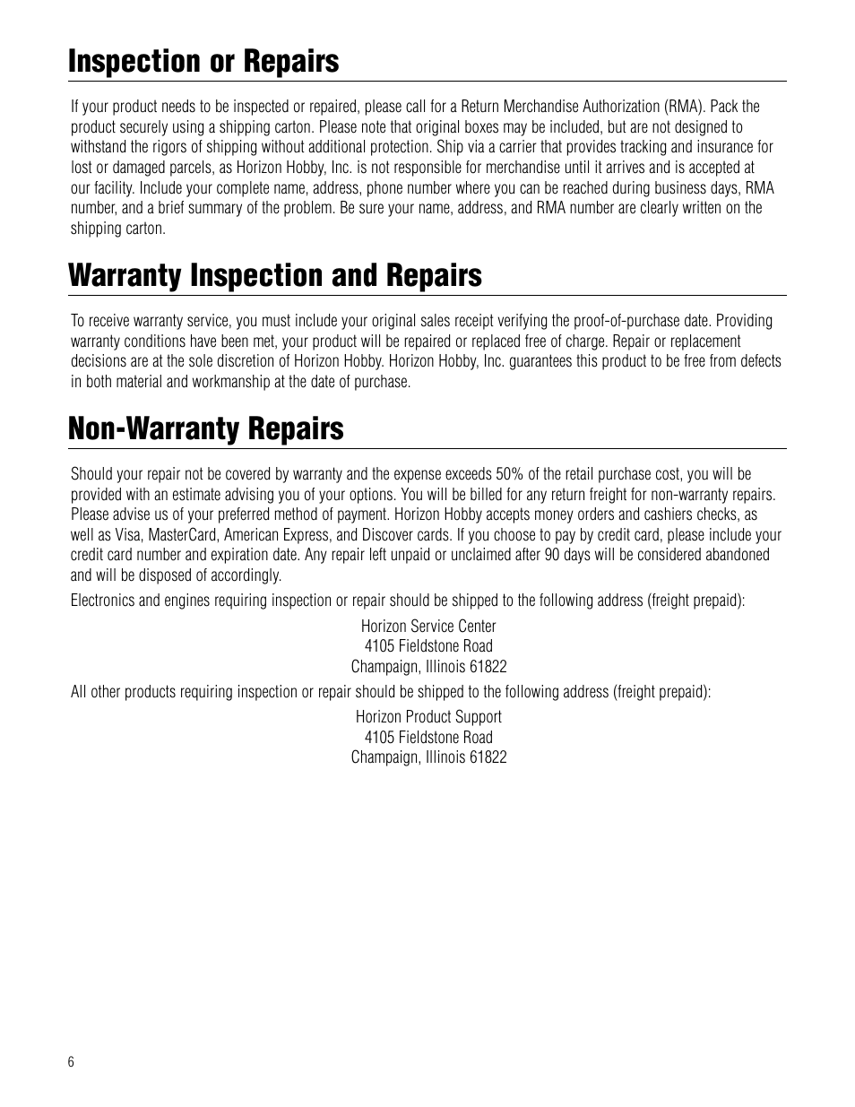 Inspection or repairs, Warranty inspection and repairs, Non-warranty repairs | Hangar 9 Pulse XT 40 ARF User Manual | Page 6 / 40