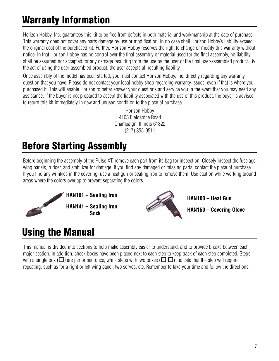 Warranty information, Before starting assembly, Using the manual | Hangar 9 Pulse XT 40 ARF User Manual | Page 7 / 40