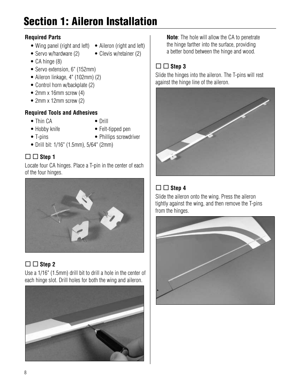 Section 1: aileron installation, Section.1:.aileron.installation | Hangar 9 Pulse XT 40 ARF User Manual | Page 8 / 40