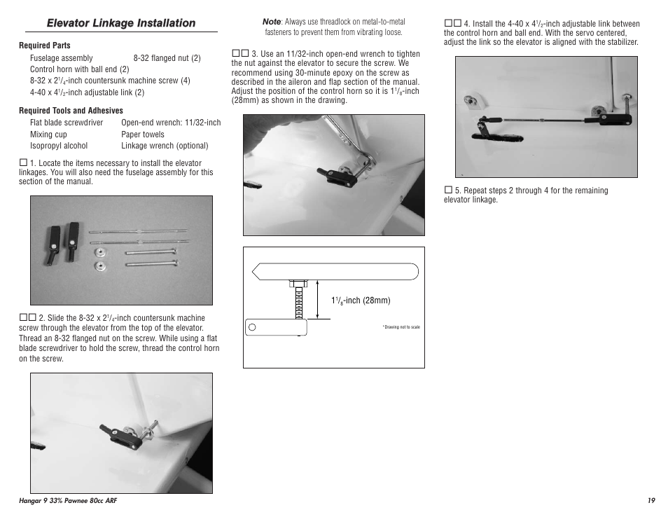 Elevator linkage installation | Hangar 9 33% Pawnee 80cc ARF (3 Boxes) User Manual | Page 19 / 36