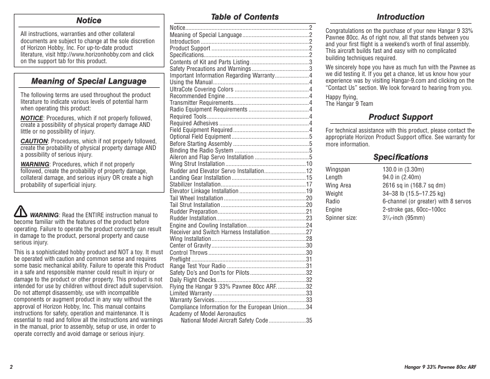 Hangar 9 33% Pawnee 80cc ARF (3 Boxes) User Manual | Page 2 / 36