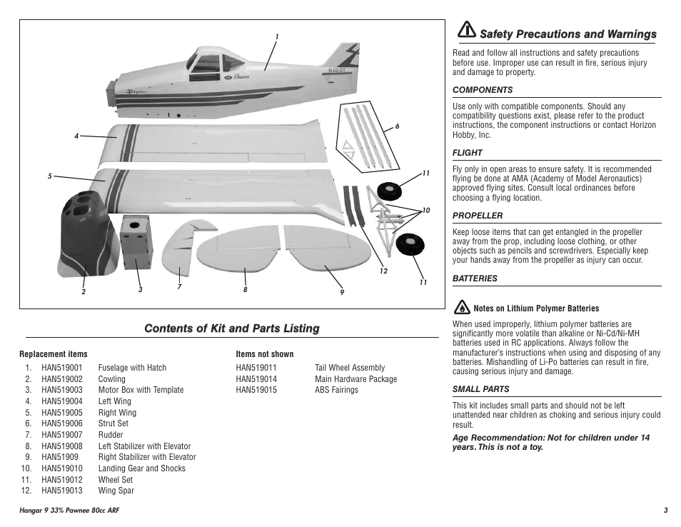 Hangar 9 33% Pawnee 80cc ARF (3 Boxes) User Manual | Page 3 / 36