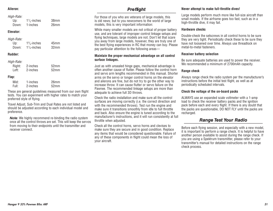 Hangar 9 33% Pawnee 80cc ARF (3 Boxes) User Manual | Page 31 / 36