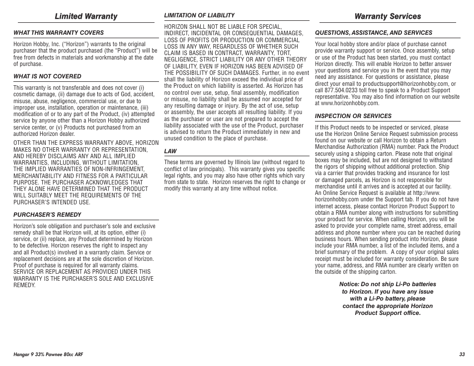 Hangar 9 33% Pawnee 80cc ARF (3 Boxes) User Manual | Page 33 / 36