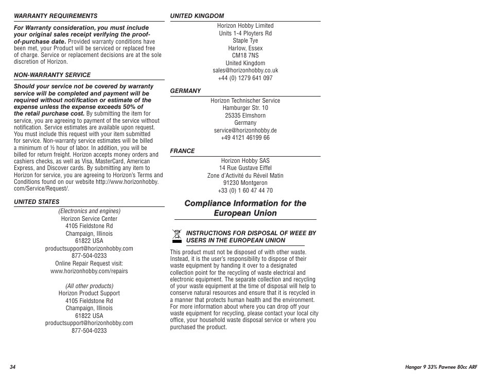 Hangar 9 33% Pawnee 80cc ARF (3 Boxes) User Manual | Page 34 / 36