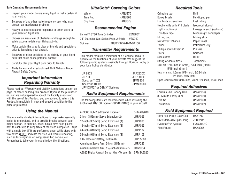 Hangar 9 33% Pawnee 80cc ARF (3 Boxes) User Manual | Page 4 / 36