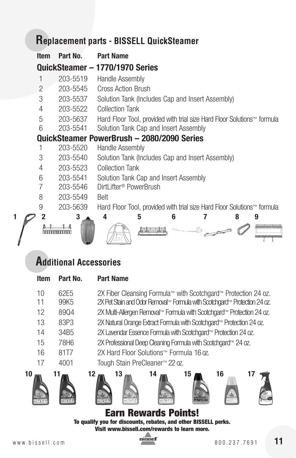 Earn rewards points, Eplacement parts - bissell quicksteamer, Dditional accessories | Bissell QuickSteamer 1770 series User Manual | Page 11 / 12
