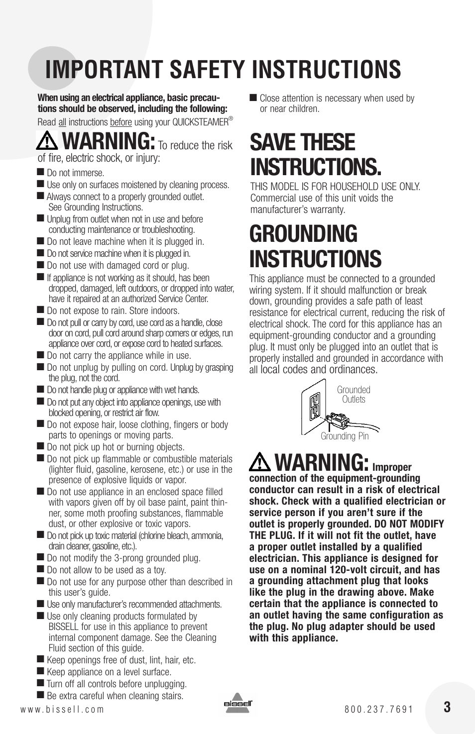 Important safety instructions, Warning, Save these instructions | Grounding instructions | Bissell QuickSteamer 1770 series User Manual | Page 3 / 12