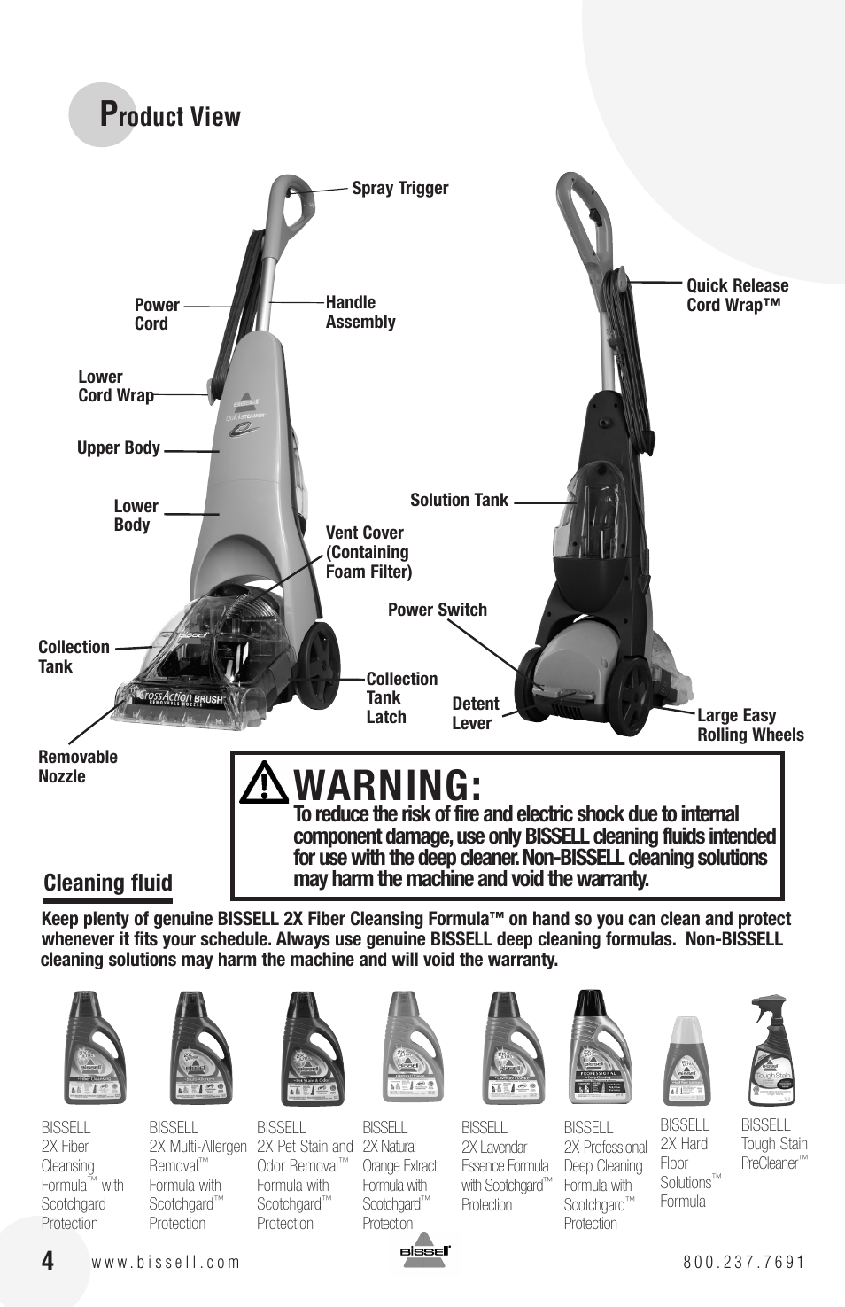 Warning, Roduct view, Cleaning fluid | Bissell QuickSteamer 1770 series User Manual | Page 4 / 12