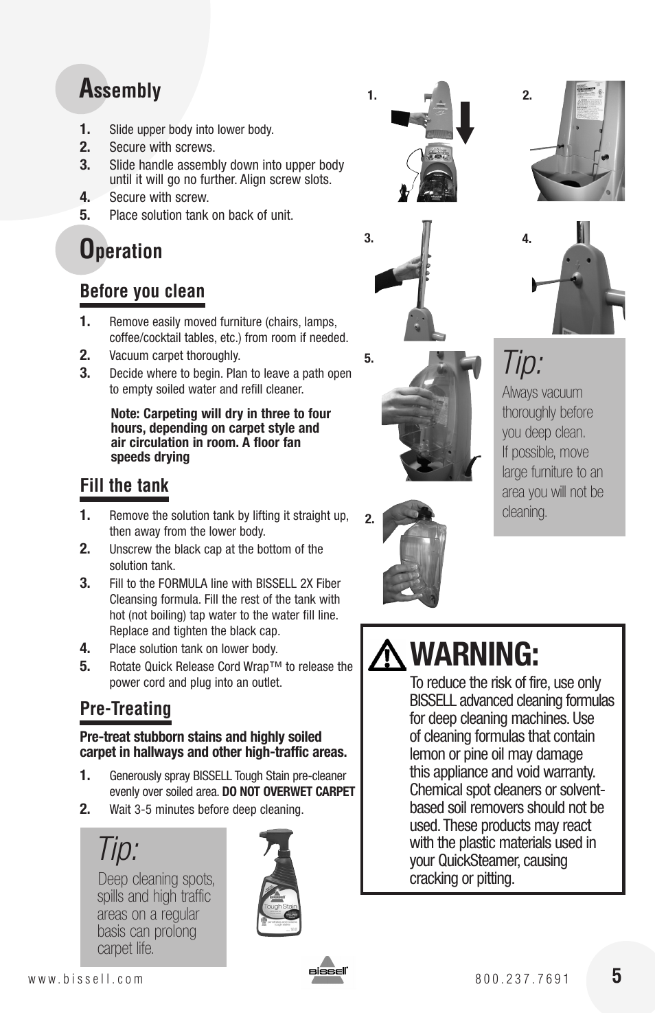 Warning, Ssembly, Peration | Before you clean, Fill the tank, Pre-treating | Bissell QuickSteamer 1770 series User Manual | Page 5 / 12