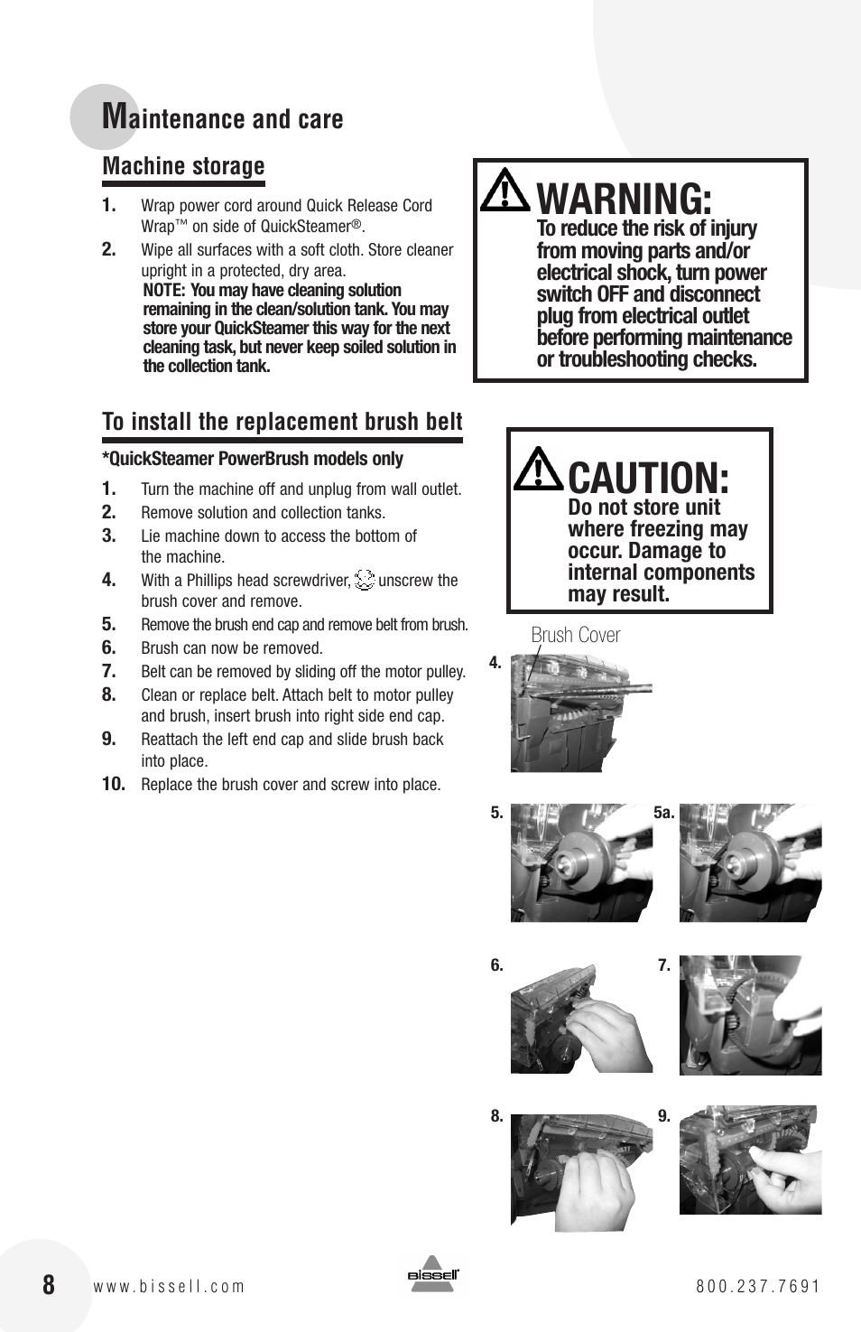 Caution, Warning, Aintenance and care | Machine storage | Bissell QuickSteamer 1770 series User Manual | Page 8 / 12