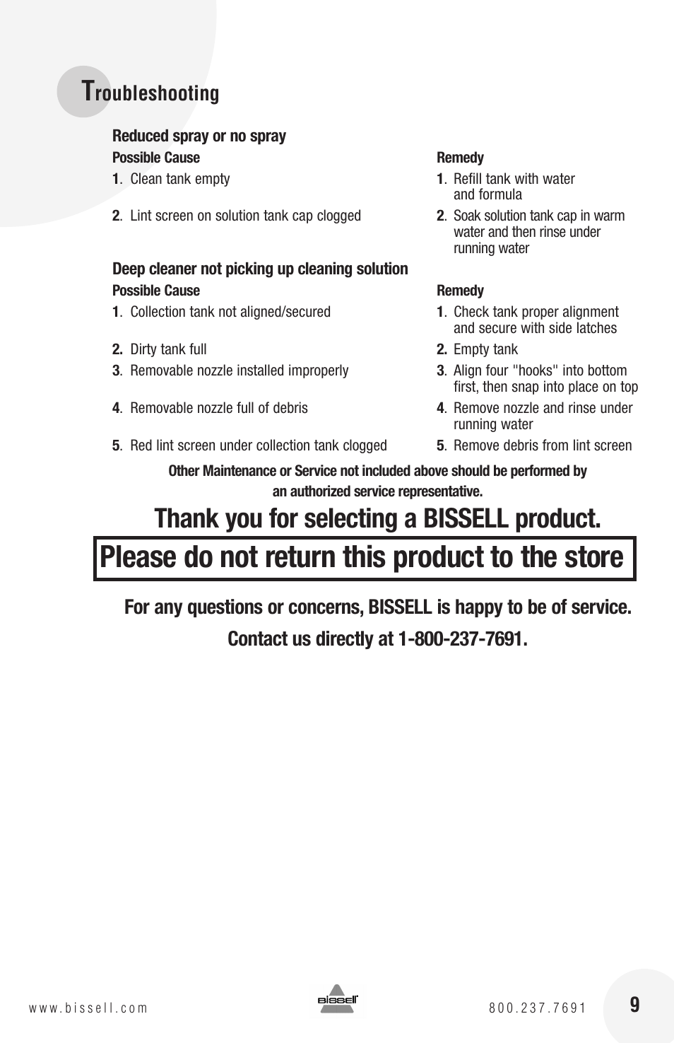 Please do not return this product to the store, Roubleshooting | Bissell QuickSteamer 1770 series User Manual | Page 9 / 12