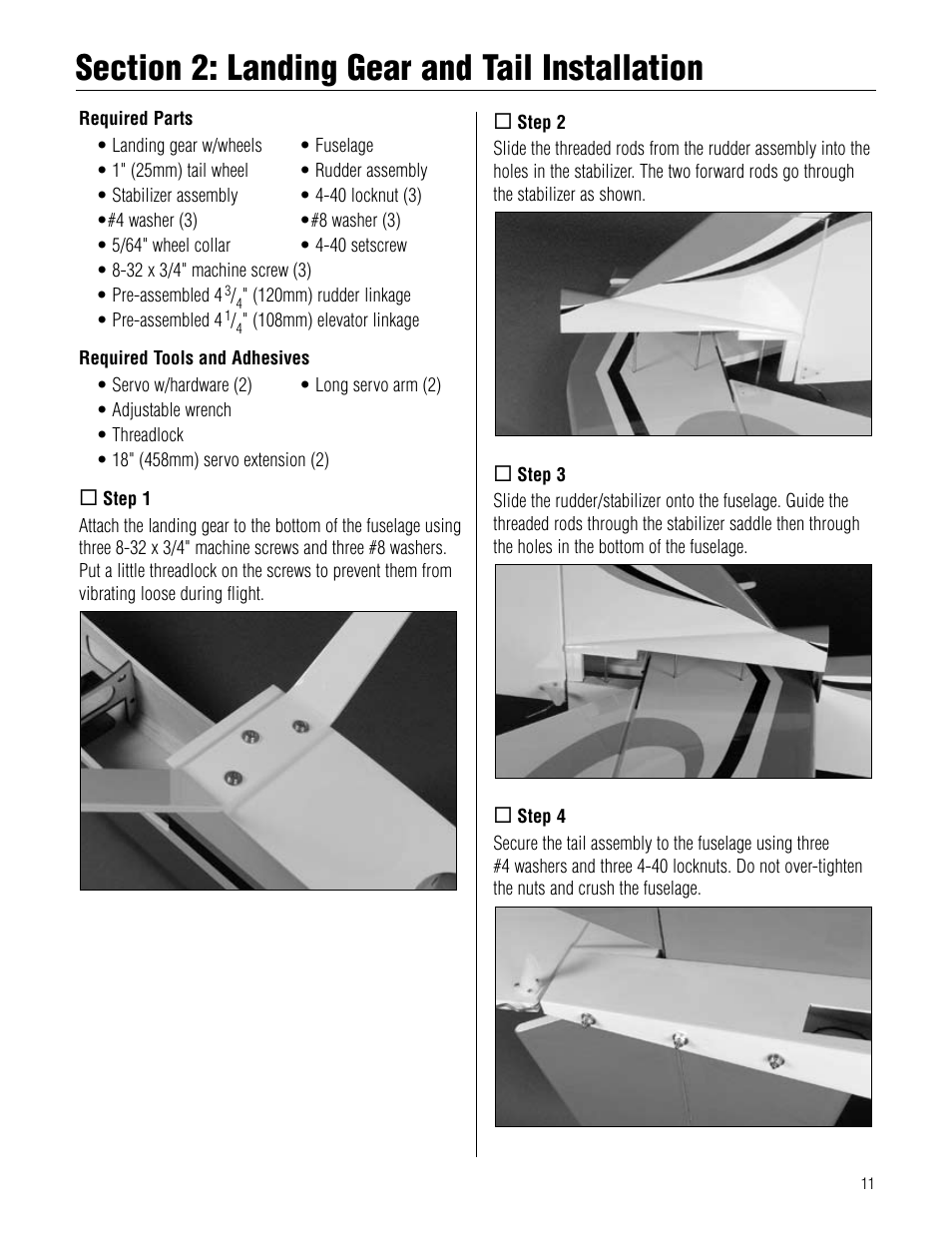 Section 2: landing gear and tail installation, Section.2:.landing.gear.and.tail.installation | Hangar 9 Twist 60 ARF User Manual | Page 11 / 28