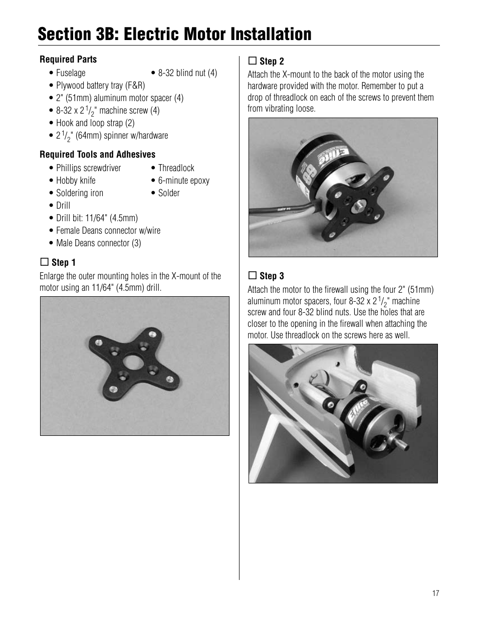 Section 3b: electric motor installation, Section.3b:.electric.motor.installation | Hangar 9 Twist 60 ARF User Manual | Page 17 / 28