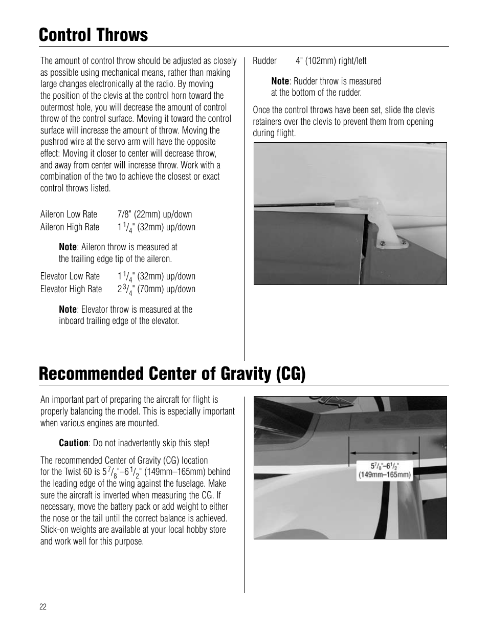 Control throws, Recommended center of gravity (cg), Control.throws recommended.center.of.gravity.(cg) | Recommended center of gravity (cg) control throws | Hangar 9 Twist 60 ARF User Manual | Page 22 / 28