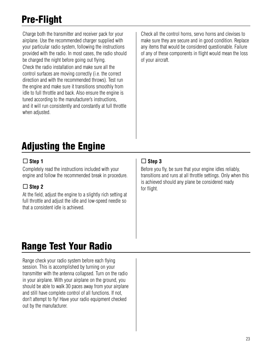 Pre-flight, Adjusting the engine, Range test your radio | Hangar 9 Twist 60 ARF User Manual | Page 23 / 28