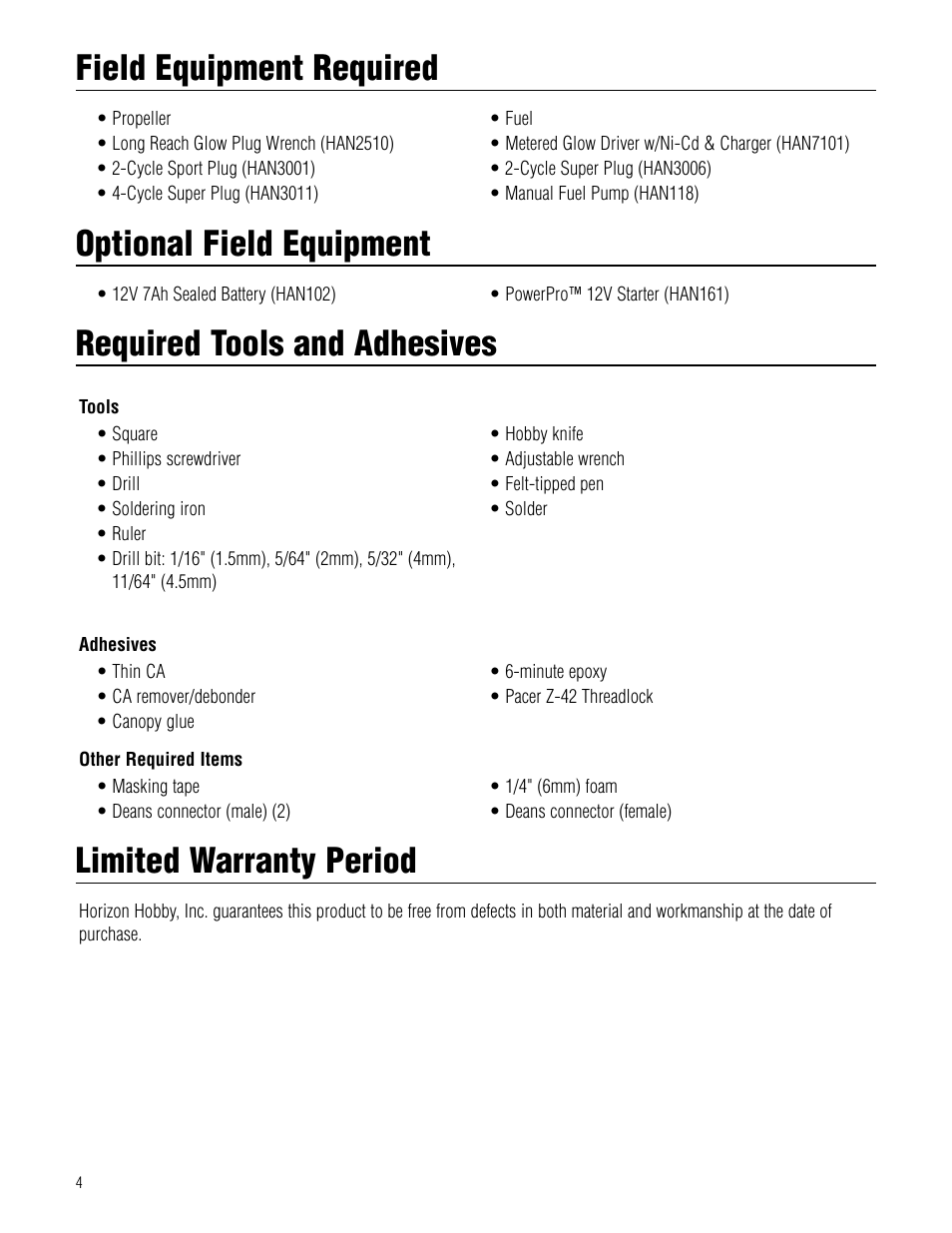 Field equipment required, Optional field equipment, Required tools and adhesives | Limited warranty period | Hangar 9 Twist 60 ARF User Manual | Page 4 / 28
