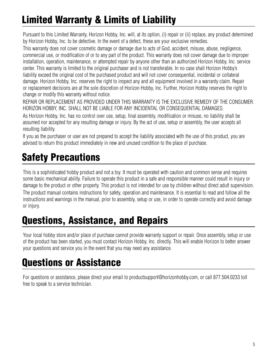 Limited warranty & limits of liability, Safety precautions, Questions, assistance, and repairs | Questions or assistance | Hangar 9 Twist 60 ARF User Manual | Page 5 / 28