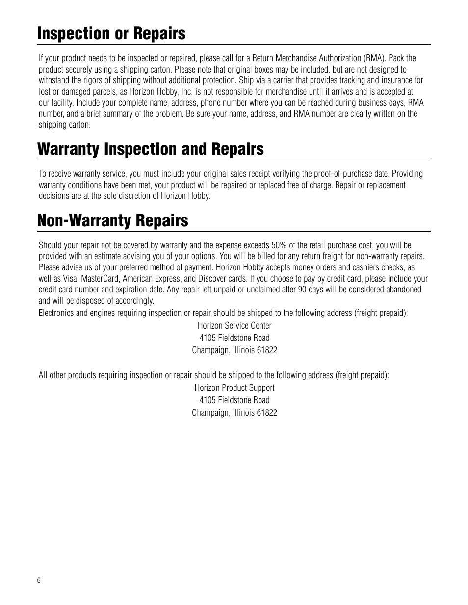 Inspection or repairs, Warranty inspection and repairs, Non-warranty repairs | Hangar 9 Twist 60 ARF User Manual | Page 6 / 28