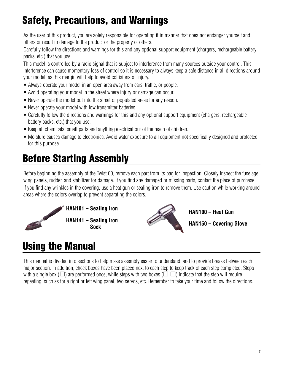 Safety, precautions, and warnings, Before starting assembly, Using the manual | Hangar 9 Twist 60 ARF User Manual | Page 7 / 28