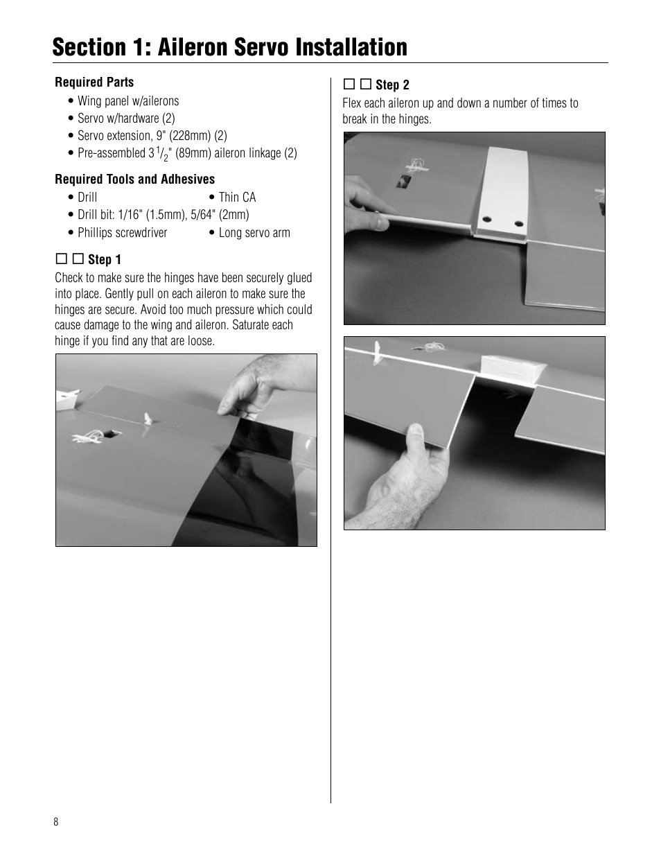 Section 1: aileron servo installation, Section.1:.aileron.servo.installation | Hangar 9 Twist 60 ARF User Manual | Page 8 / 28