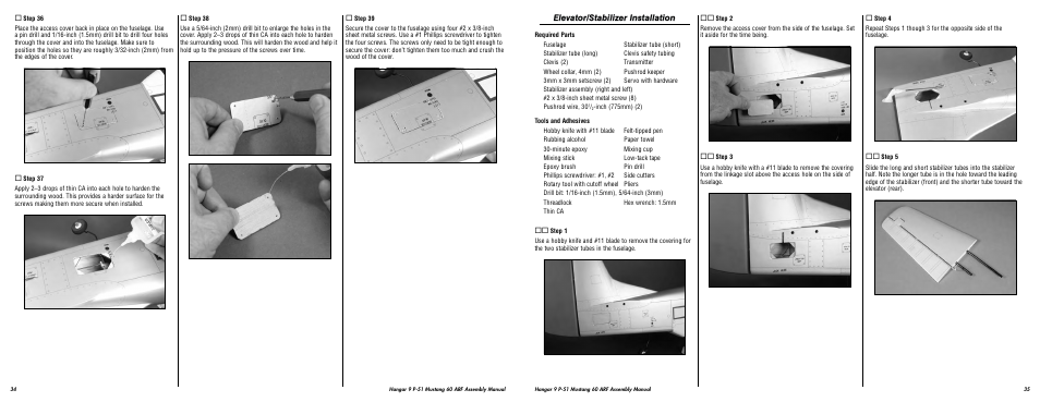 Elevator/stabilizer installation | Hangar 9 P-51D Blue Nose 60 ARF User Manual | Page 18 / 37