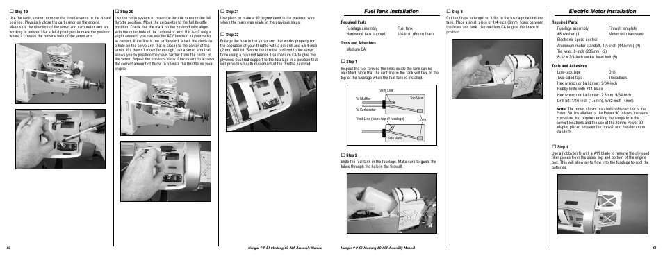 Fuel tank installation, Electric motor installation | Hangar 9 P-51D Blue Nose 60 ARF User Manual | Page 26 / 37