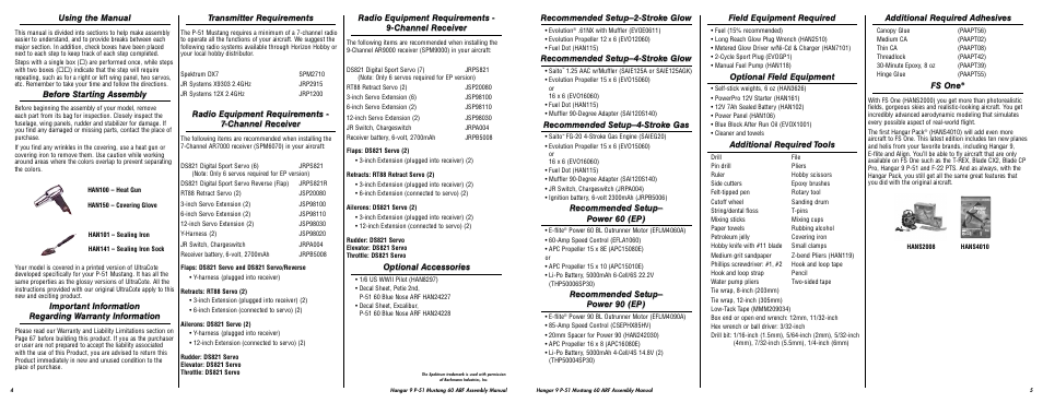 Recommended setup–2-stroke glow, Recommended setup–4-stroke glow, Recommended setup–4-stroke gas | Recommended setup– power 60 (ep), Recommended setup– power 90 (ep), Field equipment required, Optional field equipment, Additional required tools, Additional required adhesives, Fs one | Hangar 9 P-51D Blue Nose 60 ARF User Manual | Page 3 / 37