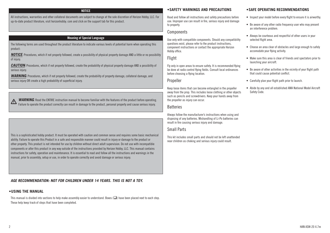 Components, Flight, Propeller | Batteries, Small parts | Hangar 9 ASW 20 4.7m ARF (2 boxes) User Manual | Page 2 / 68