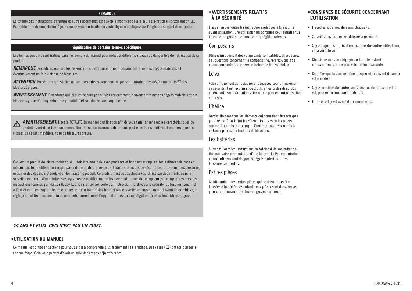 Composants, Le vol, L’hélice | Les batteries, Petites pièces | Hangar 9 ASW 20 4.7m ARF (2 boxes) User Manual | Page 4 / 68