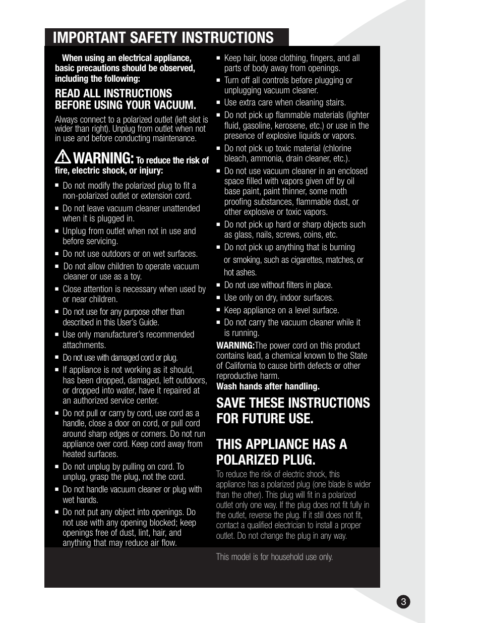 Warning, Important safety instructions, Read all instructions before using your vacuum | Bissell 3106 User Manual | Page 3 / 8