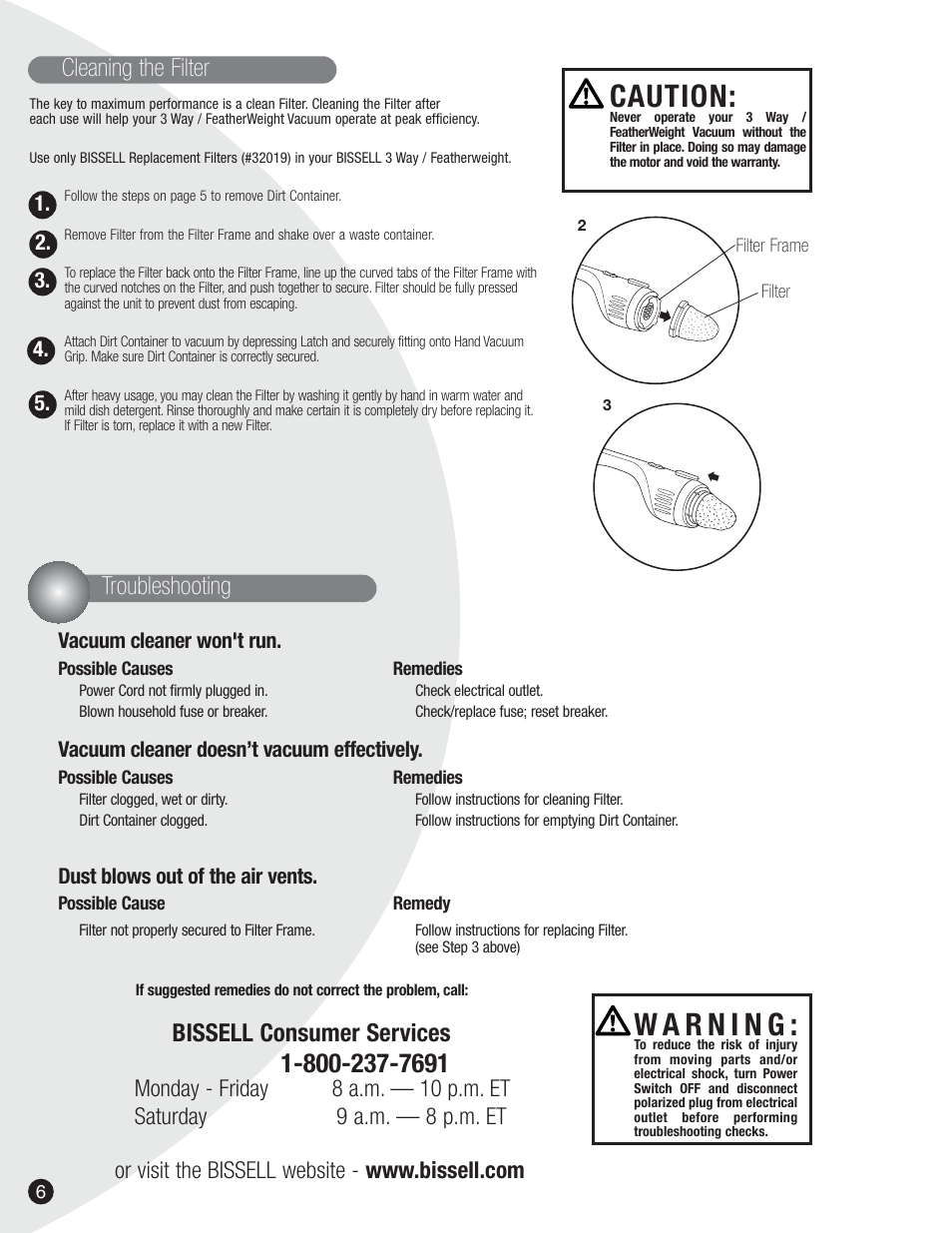 Caution, Troubleshooting, Bissell consumer services | Cleaning the filter | Bissell 3106 User Manual | Page 6 / 8