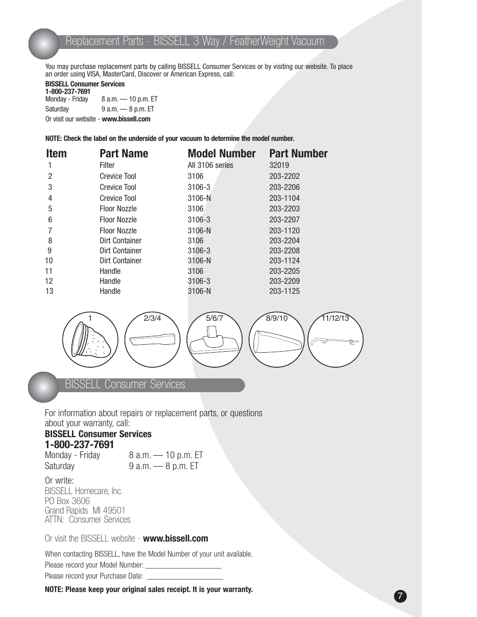 Bissell consumer services, Item part name model number part number | Bissell 3106 User Manual | Page 7 / 8
