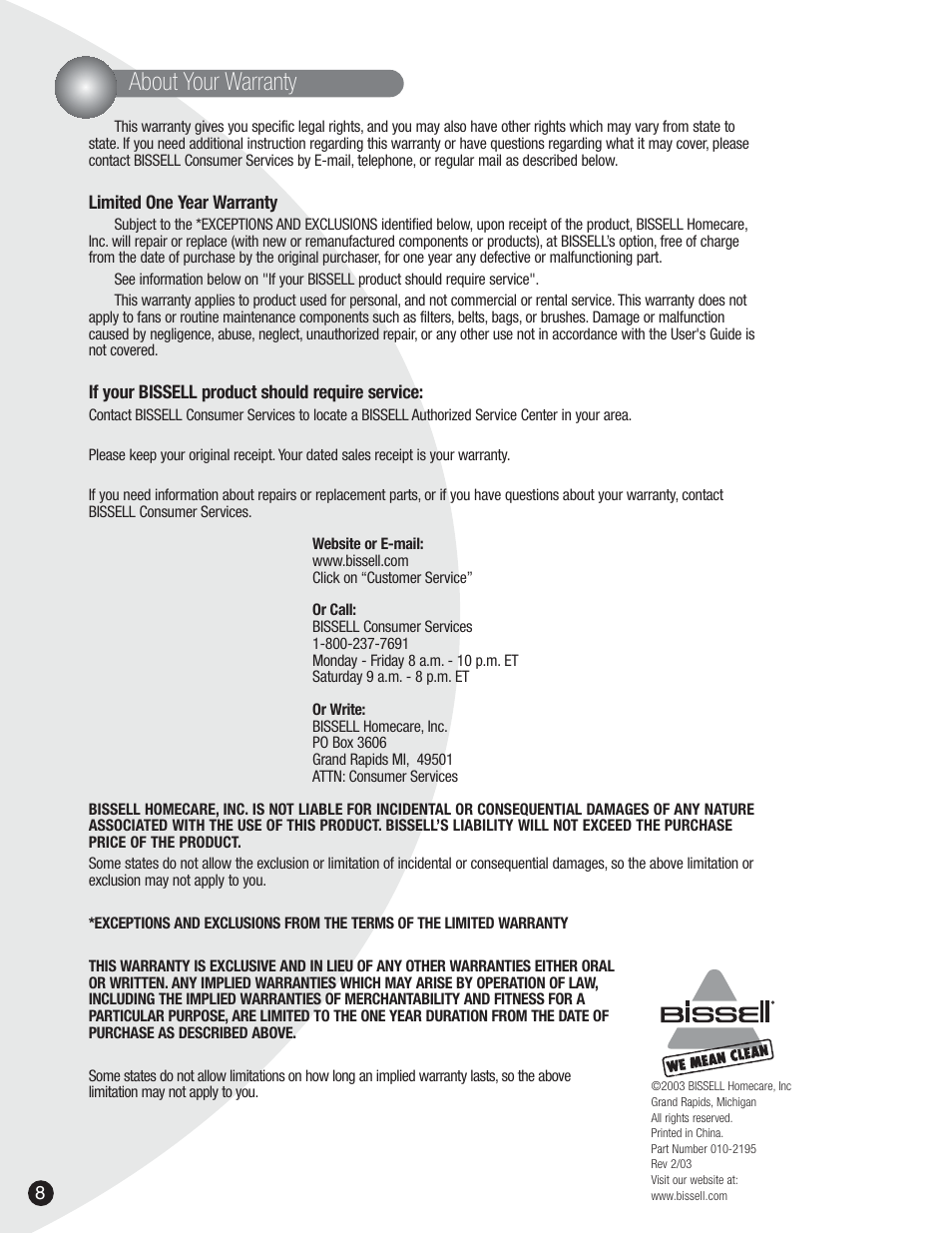 About your warranty | Bissell 3106 User Manual | Page 8 / 8