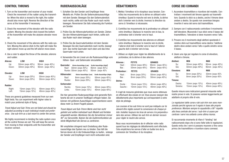 Control throws, Ruderausschläge, Débattements | Corse dei comandi | Hangar 9 Inverza 33 ARF User Manual | Page 57 / 65