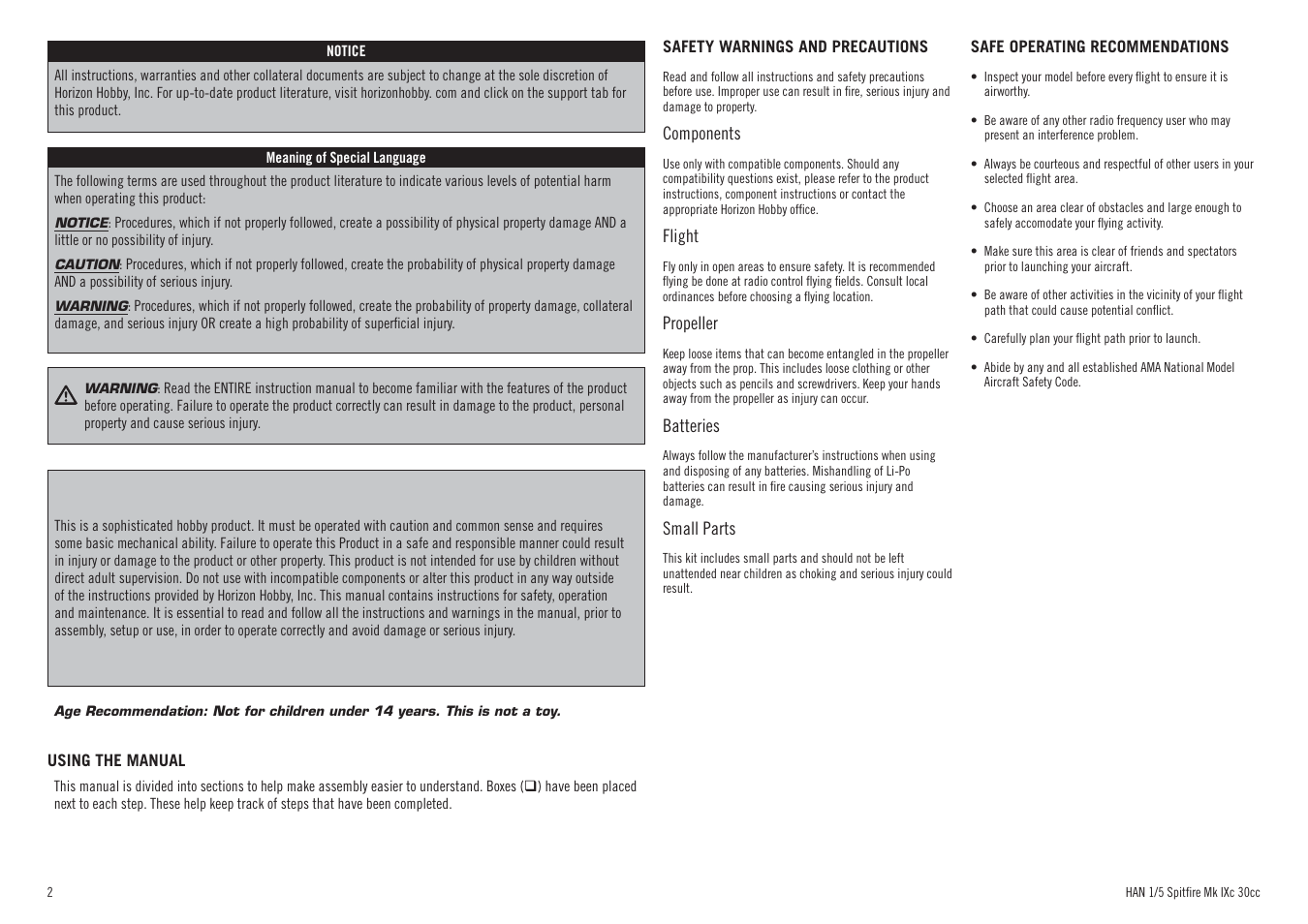Hangar 9 Spitfire MkIX 30cc ARF User Manual | Page 2 / 76
