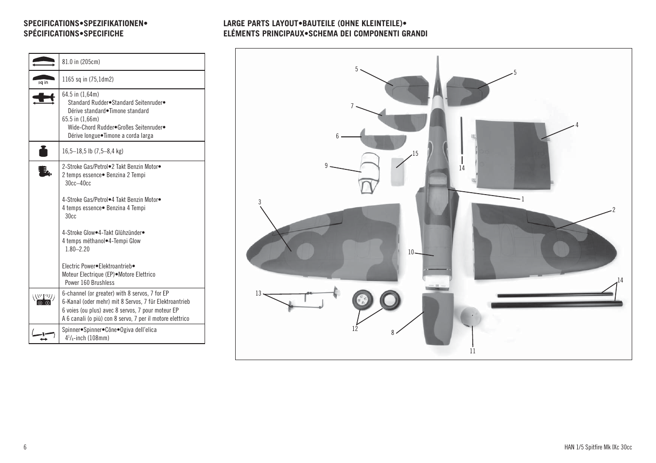 Hangar 9 Spitfire MkIX 30cc ARF User Manual | Page 6 / 76