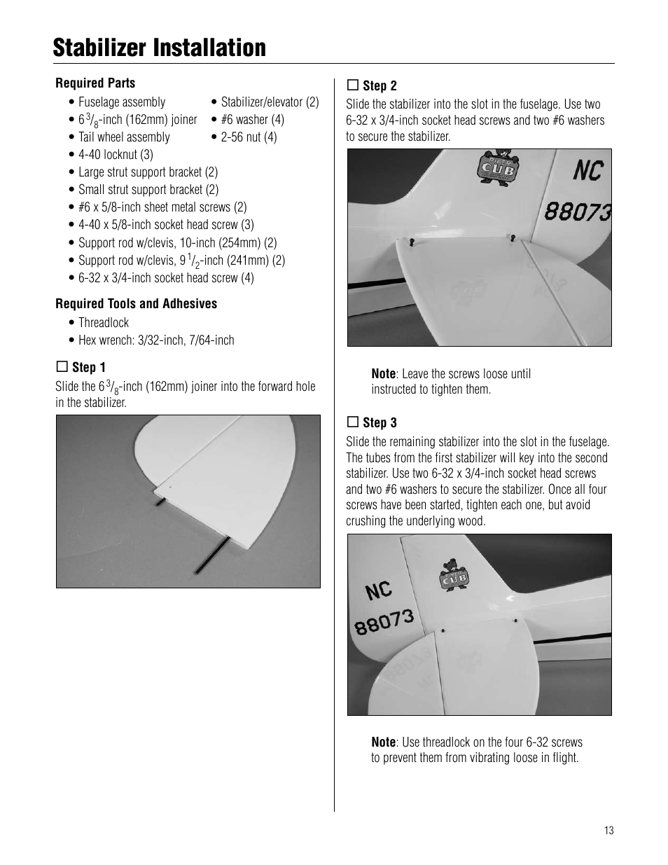 Stabilizer installation, Stabilizer.installation | Hangar 9 1/4-Scale J-3 Cub ARF User Manual | Page 13 / 44