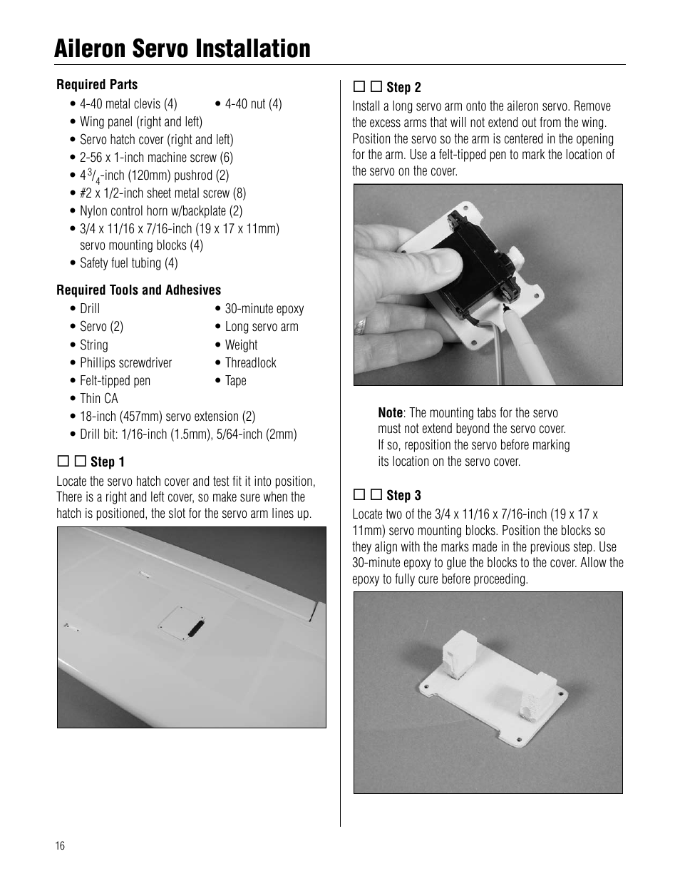 Aileron servo installation, Aileron.servo.installation | Hangar 9 1/4-Scale J-3 Cub ARF User Manual | Page 16 / 44